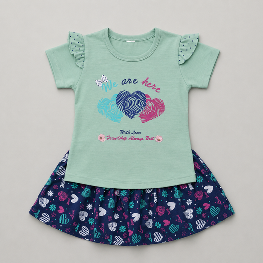 Mint Heart Print Girls Skirt Set