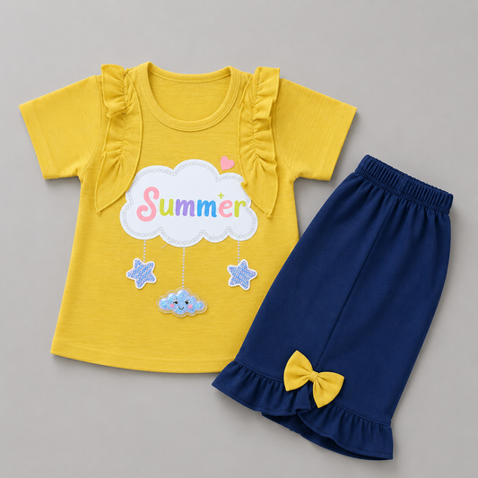 Summer Cloud Ruffle Girls Capri Set