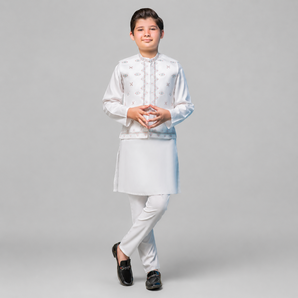 Premium White Embroidered Boys Kurta Waistcoat Set GE8516