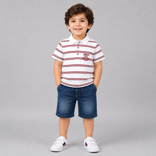 Nautical Stripe Polo Denim Shorts Set