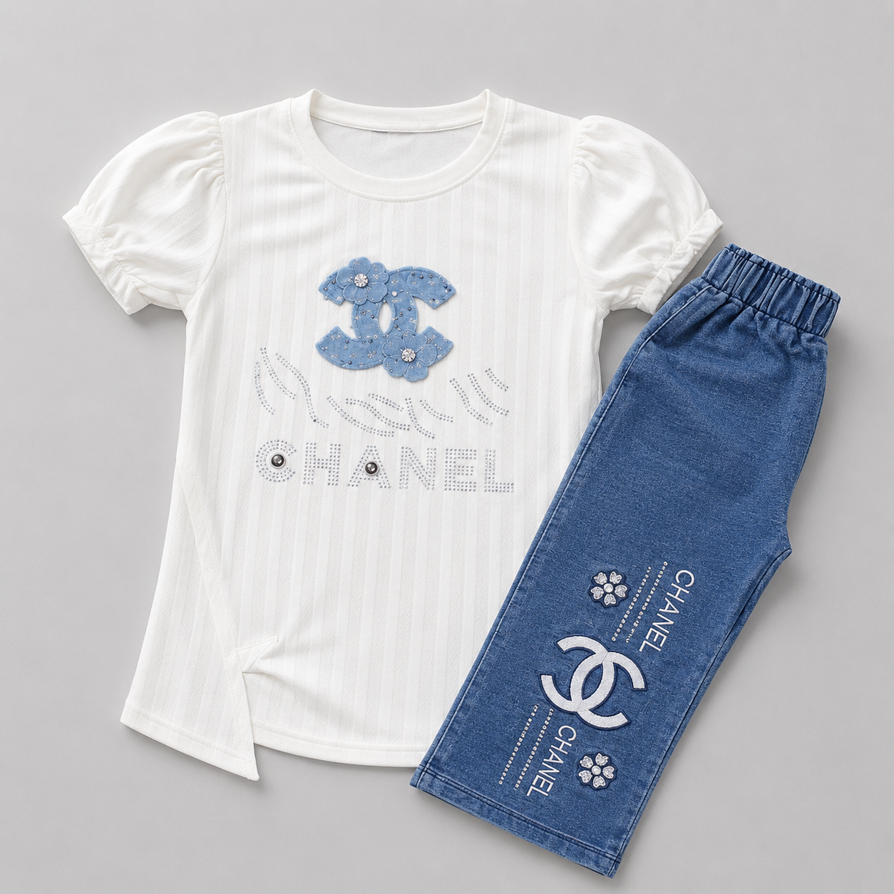 Elegant Floral Denim Girls Fashion Set