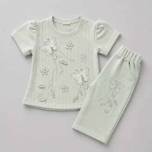 Elegant Pearl Floral Capri Girls Set