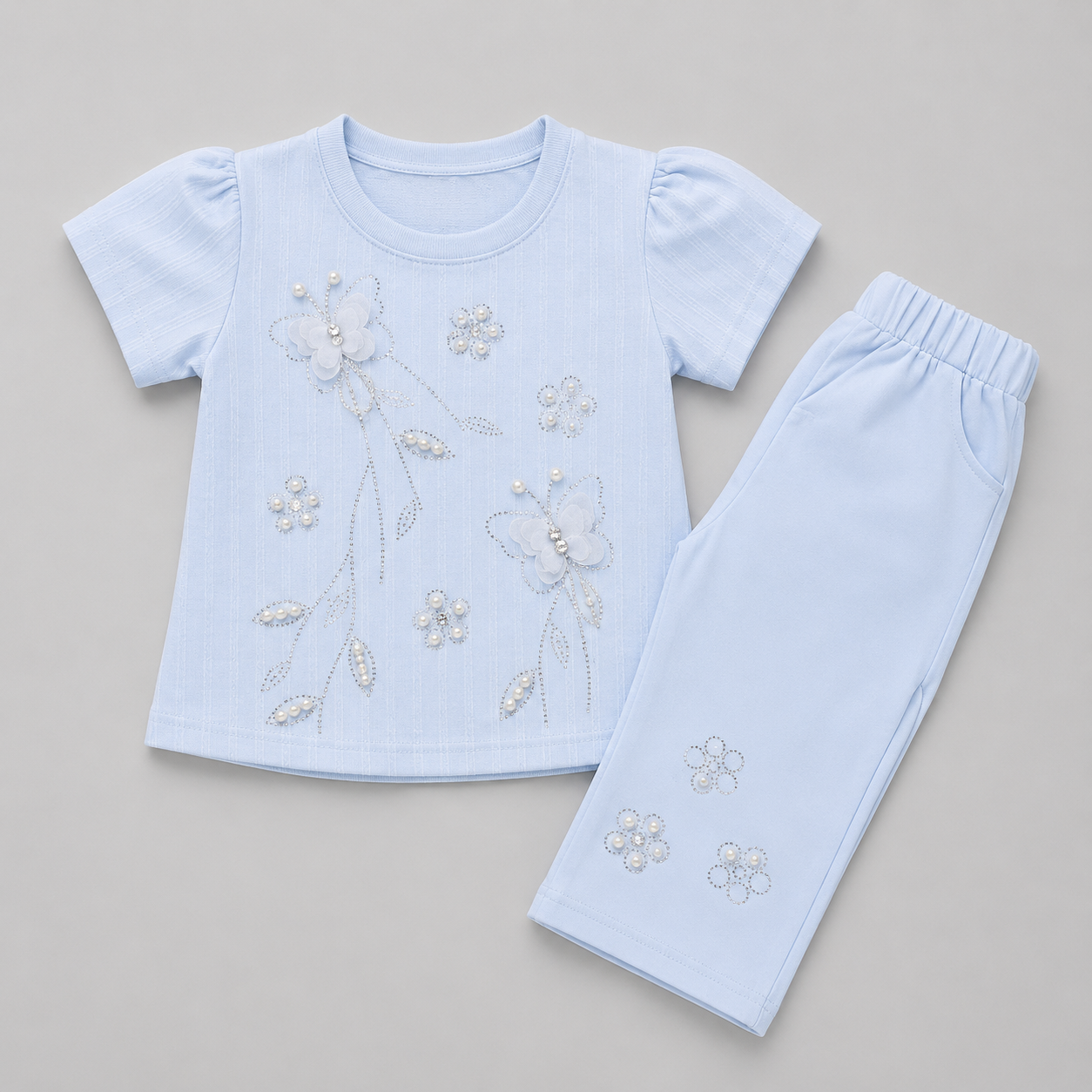 Elegant Pearl Floral Capri Girls Set