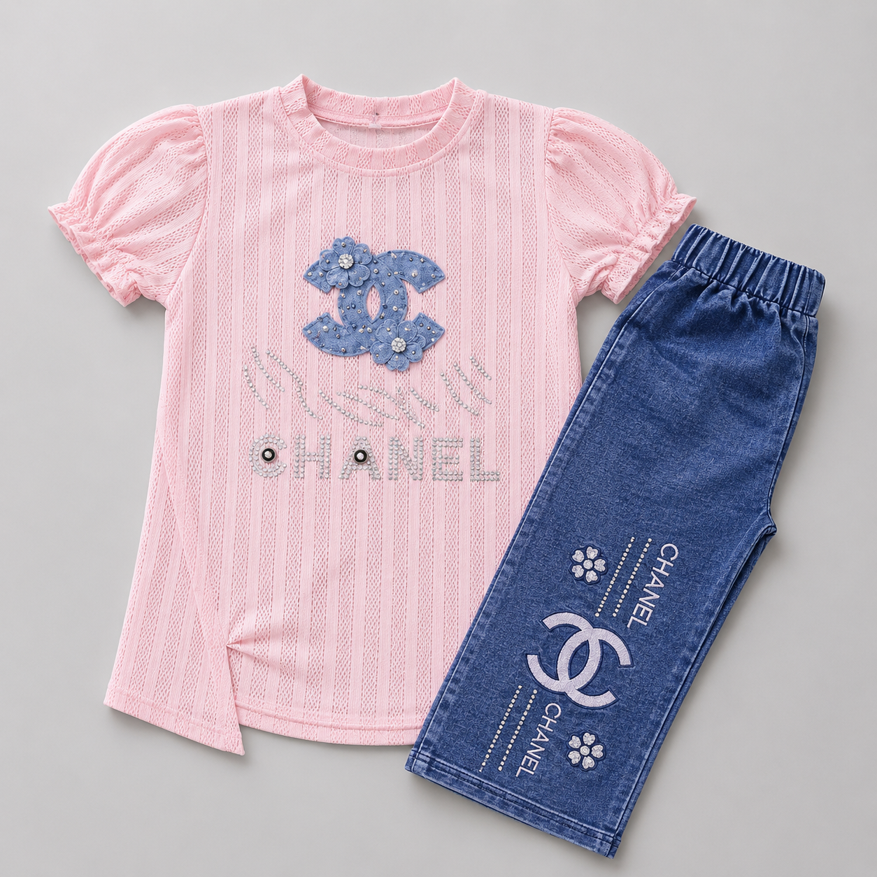 Elegant Floral Denim Girls Fashion Set