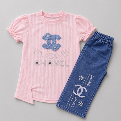 Elegant Floral Denim Girls Fashion Set