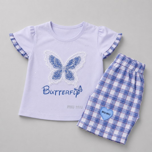 Butterfly Plaid Summer Girls Shorts Set